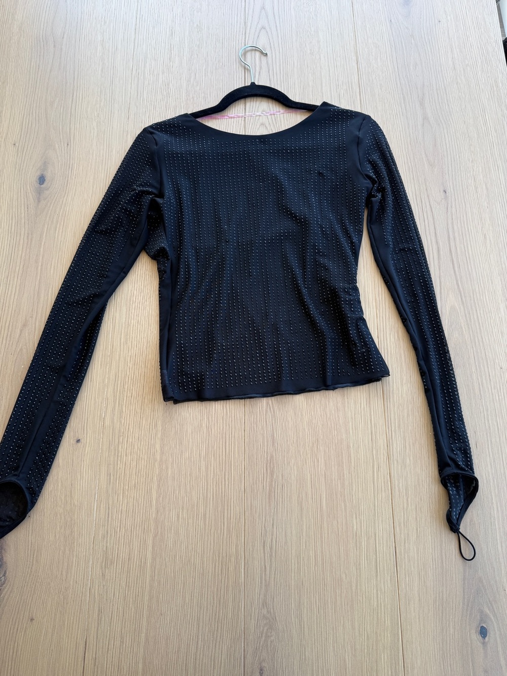 OW Collection Mesha Rhinestone Blouse Black Sheer Open Back Long Sleeve M